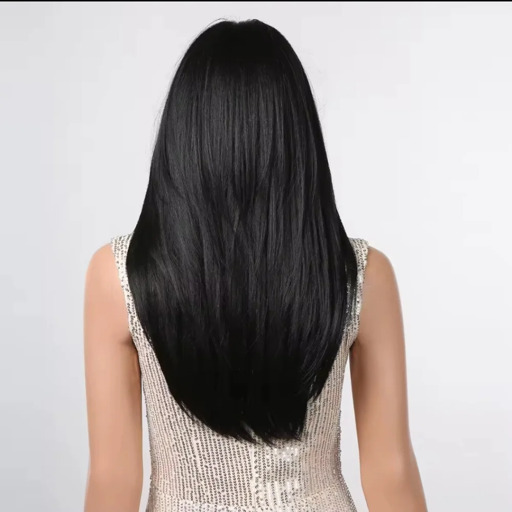 Dark Black Layered High-quality Synthetic Long Straight Wig - Picture 4 of 7